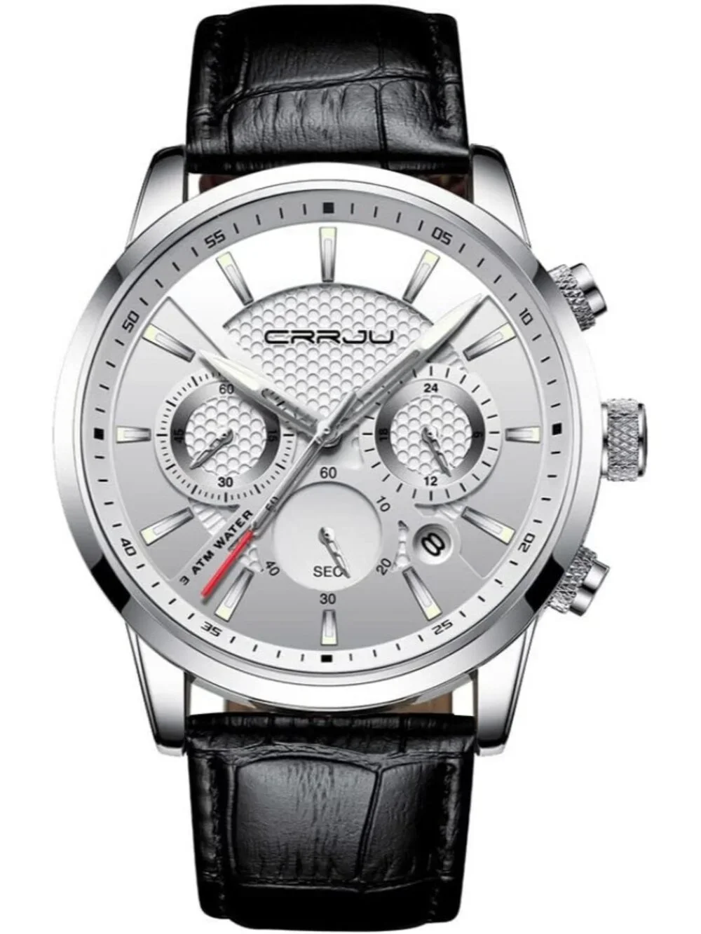 Men's Black White Chronograph Leather Strap Quartz Waterproof Wrist Watch